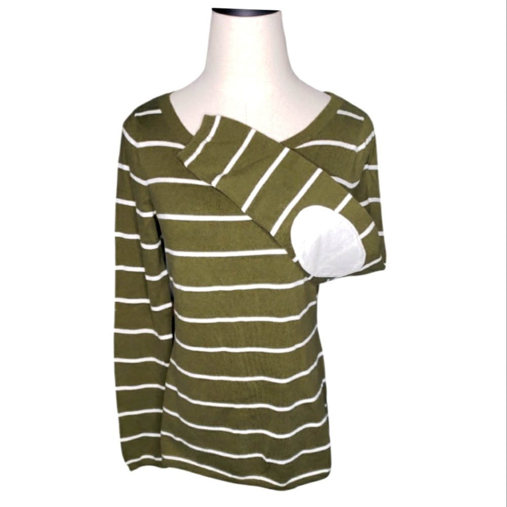 Banana Republic Wool Pima Cotton Stripe Elbow Patchs Preppy Colligate Round-neck